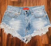 Signature 8 Distressed Frayed Hem Slanted High Waisted Denim Jean Shorts