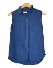 Uniqlo Womens Sleeveless Button Front  100% Linen Top Size Small Navy Blue Shirt