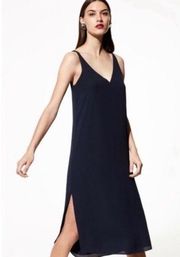 Aritzia Babaton Jeremy Slip Dress Navy Blue V Neck Side Slits Size Large EUC