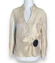 Vintage Dress Barn Collarless Blazer Top Gold Metallic Black Brooch Ruched 10