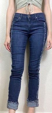 Karl Lagerfeld Dark Wash Mid Rise Raw Edge Cropped Cuffed Skinny Jeans