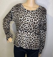 Long Sleeve Leopard Print Scoop Neckline Blouse Cream Black Small