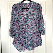 Kut From The Kloth  Floral Blouse Small Long Sleeve Business Casual Top Blue Pin