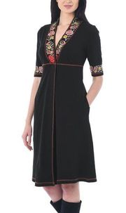 Eshakti Floral Embroidered Trim Cotton Knit Dress