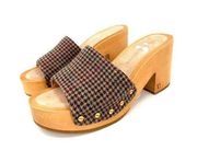 Veronica Beard Hannalee Houndstooth Studded Wool Wooden Platform Heeled Sandals