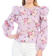 Chelsea & Violet Long Sleeve Ruffle Shoulder Floral Blouse Top Purple XS