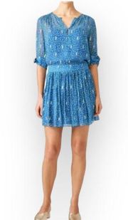 ba&sh Madrid Mini Dress Women's Small Blue Silk A-Line 3/4 Sleeves Front Button