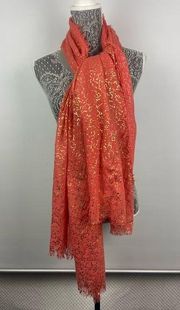 Cynthia Rowley Coral Gold Sheer Lightweight Rectangular Scarf with Fringe Hem