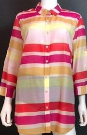 NEW NWT COLDWATER CREEK Cotton Silk Stripe Shirt Pink 3/4 Sleeve Button Down MED