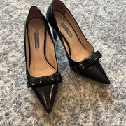 Prada Black Patent Leather Bow Pointed Toe Pumps Size 38