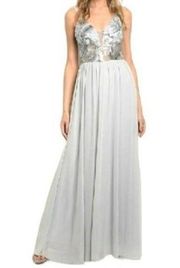 Soieblu Metallic Bodice Chiffon Maxi Formal Gown Ice Gray Size Large NWT