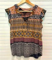 Lucky Brand Multicolored Printed Boho Top Ruffle Trim Size M