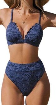 NWT CUPSHE Bikini High Waisted Scalloped V Neck Two Pieces Swimsuit navy size M