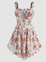 Floral Print Corset Ruched Bust Satin Milkmaid Mini Dress Size 1XL