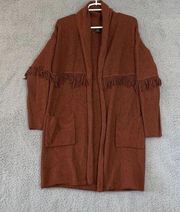 Tahari Womens Brown Long Sleeve Open Front Fringe Cardigan Sweater Size XS