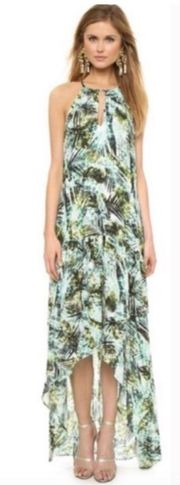 Amazonia Green Palm Tropical Leaves Strappy High Low Beachy Maxi Dress