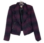 Alberto Makali Tweed Blazer Sz M Lined Open Front Zip Pockets Black Pink Chevron