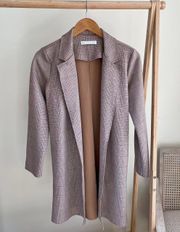 Longline Plaid Houndstooth Faux Suede Blazer Collared Coat in Beige - S