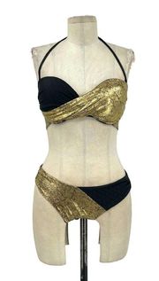 Beach Bunny Black & Metallic Gold Two-Piece Lace-Up Bikini Set Size Large
