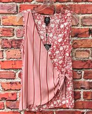 Coral and White  Striped with Floral Print Wrap Sleeveless Blouse