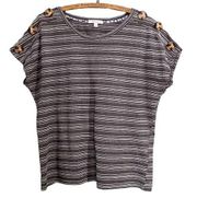 89th & Madison Top Textured Button Trim Tee Charcoal Stripe Women's Size Large