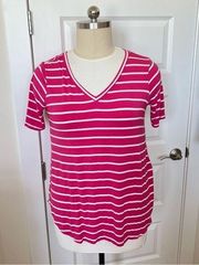 Zenana | Pink and White V Neck Stripe Short Sleeve Tunic Tee