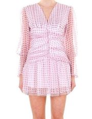 Beulah Style Long Sleeve V-Neck Ruched Gingham Mini Dress Pink Size Large NWT