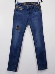 Desigual Jeans Sequins Embroidery Patchwork Skinny Blue Denim