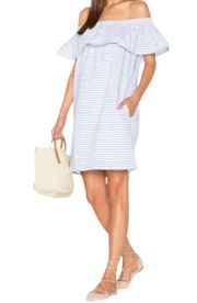 NWT Line & Dot Lea Dress Ruffle Off Shoulder Pockets Stripes Blue White Size L