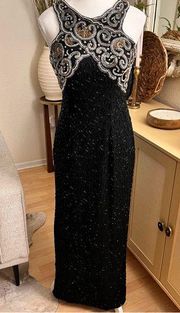 LAURENCE KAZAR Vintage Black Beaded Gown Dress 100% Silk Size MP