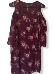 maroon burgundy floral cold shoulder dress