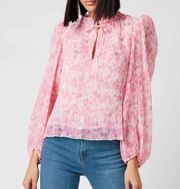 Ganni Floral Print Plisse Balloon Sleeve Georgette Blouse Floral Pink 36 US 0