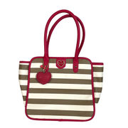 Betsey Johnson Large Tote Purse Handbag Charm Tan White Stripe Pink Heart Spice