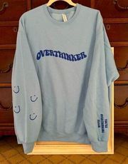 Light blue crewneck sweatshirt long sleeved  "Overthinker" in navy text NWOT XL