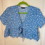 SheIn Blue Tie-Front Ditsy Floral Ruffle Hem Cropped Blouse - Size M