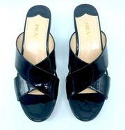 Prada Black Patent leather Criss cross peep toe platform wedge sandals 37.5
