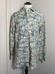 blue gray abstract print button down long sleeve shirt size M.