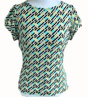 Worthington petite short cap sleeve stretch turquoise geometrical pattern PM