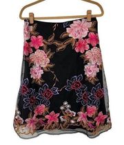 Eci Black Pink Floral Embroidered Mesh Skirt