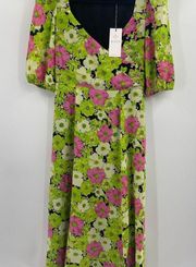 SURPLICE NECK GREEN MULTI-COLOR FLORAL PRINT MIDI DRESS SIZE SMALL