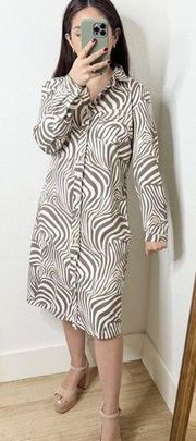 J. McLaughlin Brynn Cream Gray Swirl Zebra Pattern Button Down Knee Length Dress