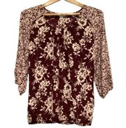 Croft & barrow burgundy & white flower print blouse size M