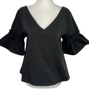 New  Double V Neck Blouse Ruffle Flare Sleeve Shirt Black