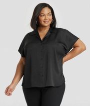 Women's Satin Short Sleeve Button-Front Shirt - Ava & Viv Black 2X Polyester