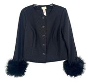 Chicos 1 Size M Ponte Knit Faux Fur Removable Cuff Jacket Black Velvet Swiss Dot