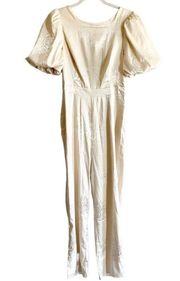 Lulus  Time After Time Floral Jacquard Puff Sleeve Satin Jumpsuit Size S Gold