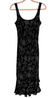 Vintage Y2K Fairy Grunge Anne Klein 100% Silk Black Floral Slip Midi Sun Dress 8