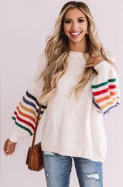 Cream Rainbow Stripe Balloon Sleeve Knit Sweater Large