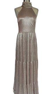 Women's Formal Dress by  Size 6 Pink and Silver Metallic Long Halter Gown
