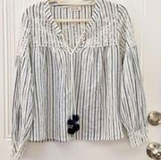 LoveShackFancy Peasant Blouse Striped w/ Pompoms XS